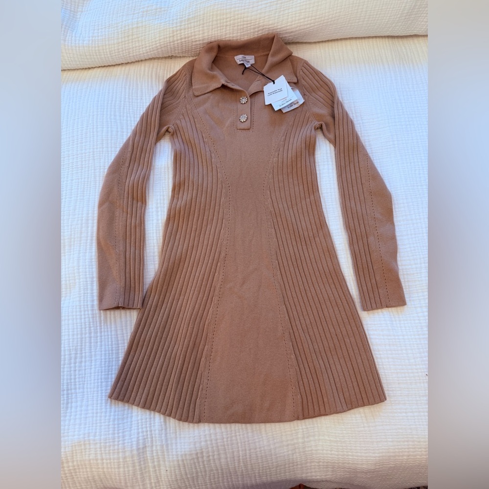 NWT & Other Stories Camel Ribbed Pointelle Knit Polo Dress XS